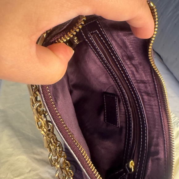 Cole Haan Genevieve purple satin woven purse with gold chain straps - Picture 3 of 5